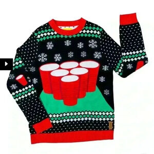 TIPSY ELVES CHEER PONG GAME UGLY CHRISTMAS SWEATER/Sticky Ball Incl. SZ M